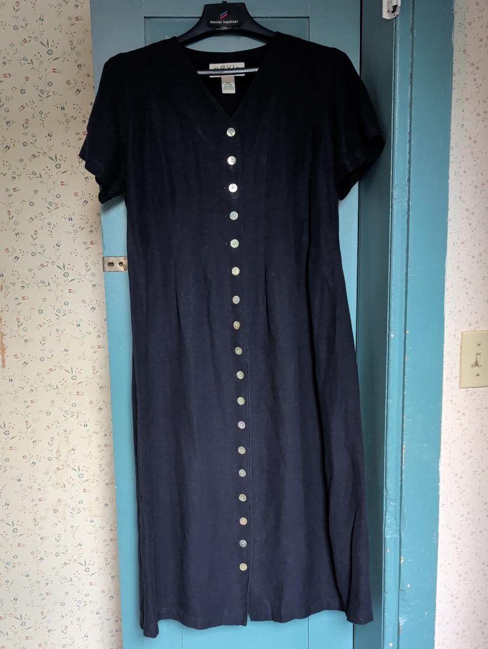Orvis Maxi Dress Navy Linen Button Front 12P Timeless Classic